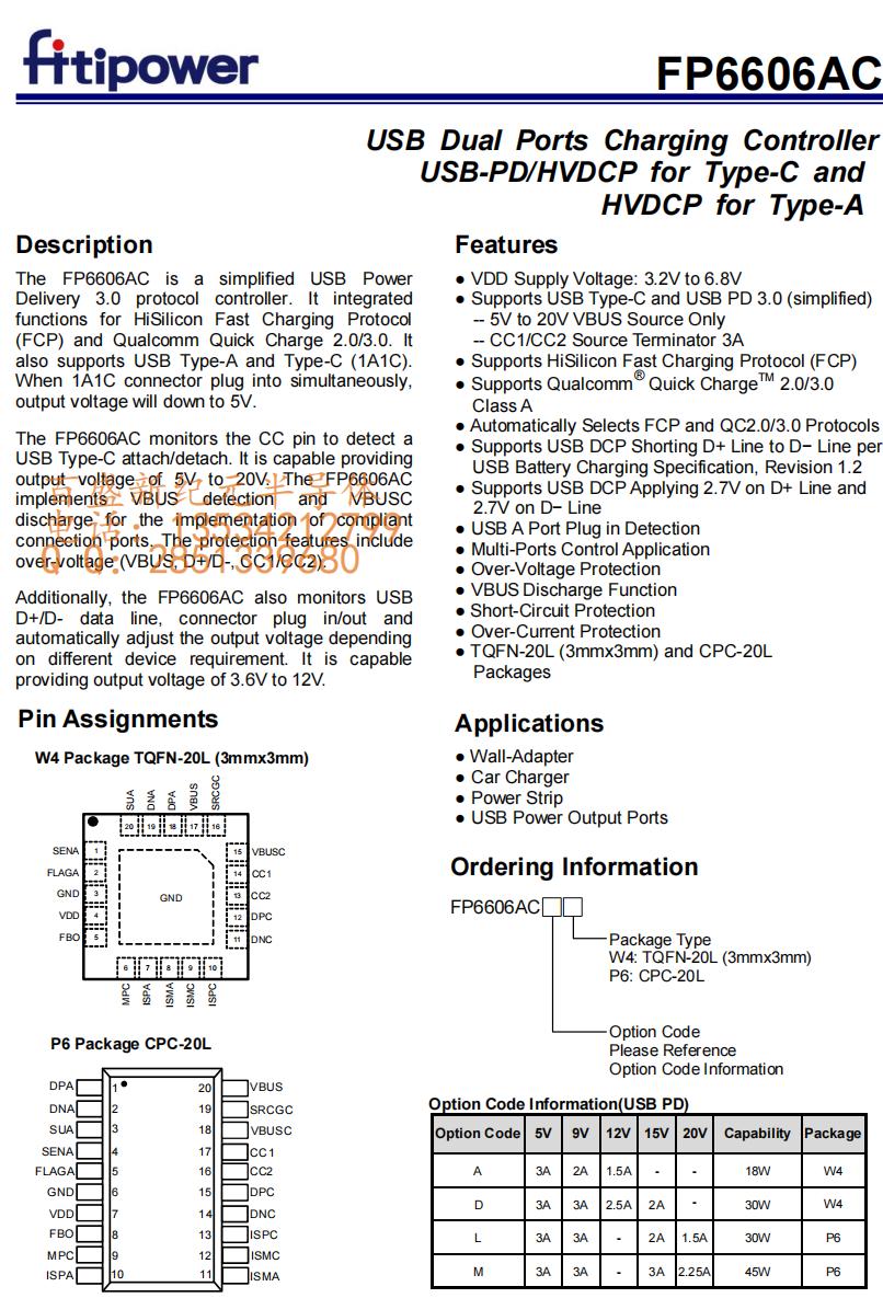 FP6606ACLP5CPC-20LUSB电源传输3.0协议控制器